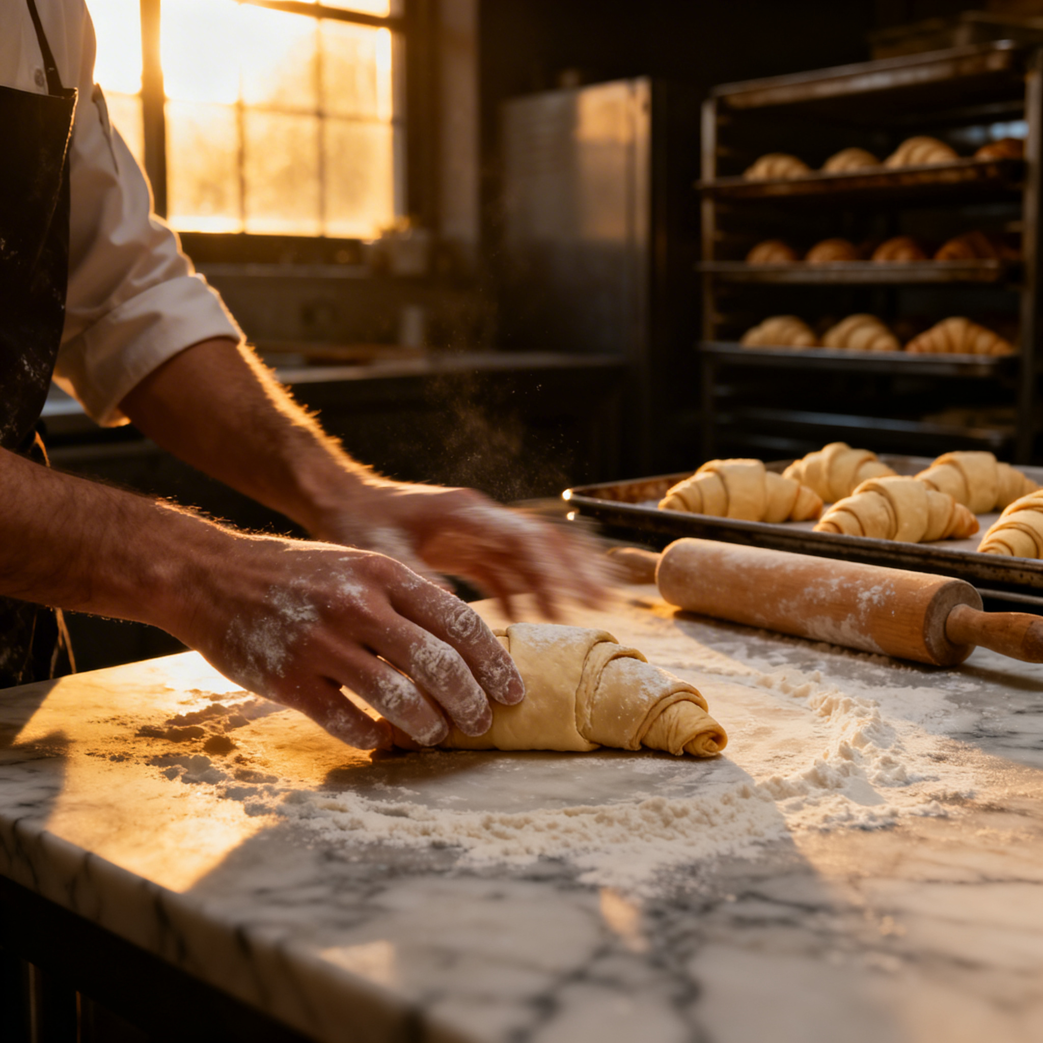 Baker shaping croissant dough at dawn, golden light streaming through window