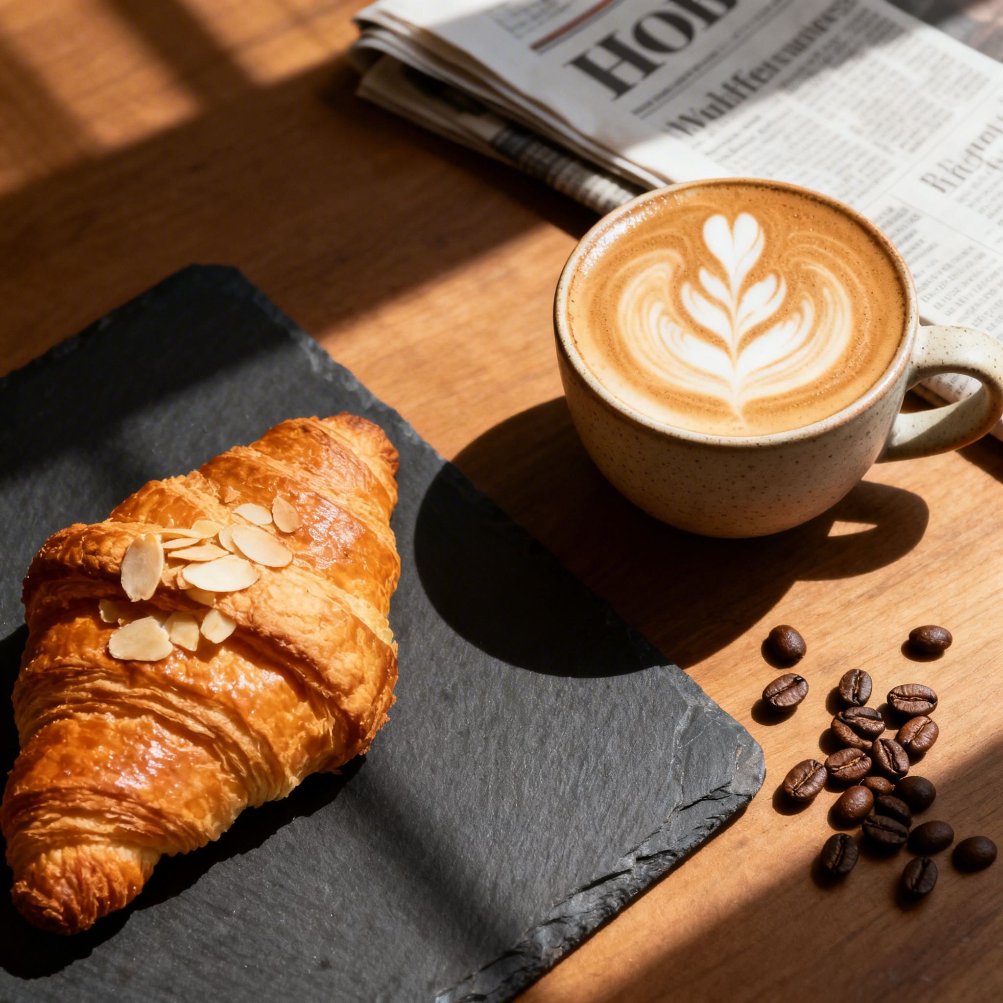 Almond croissant on slate plate with latte art coffee