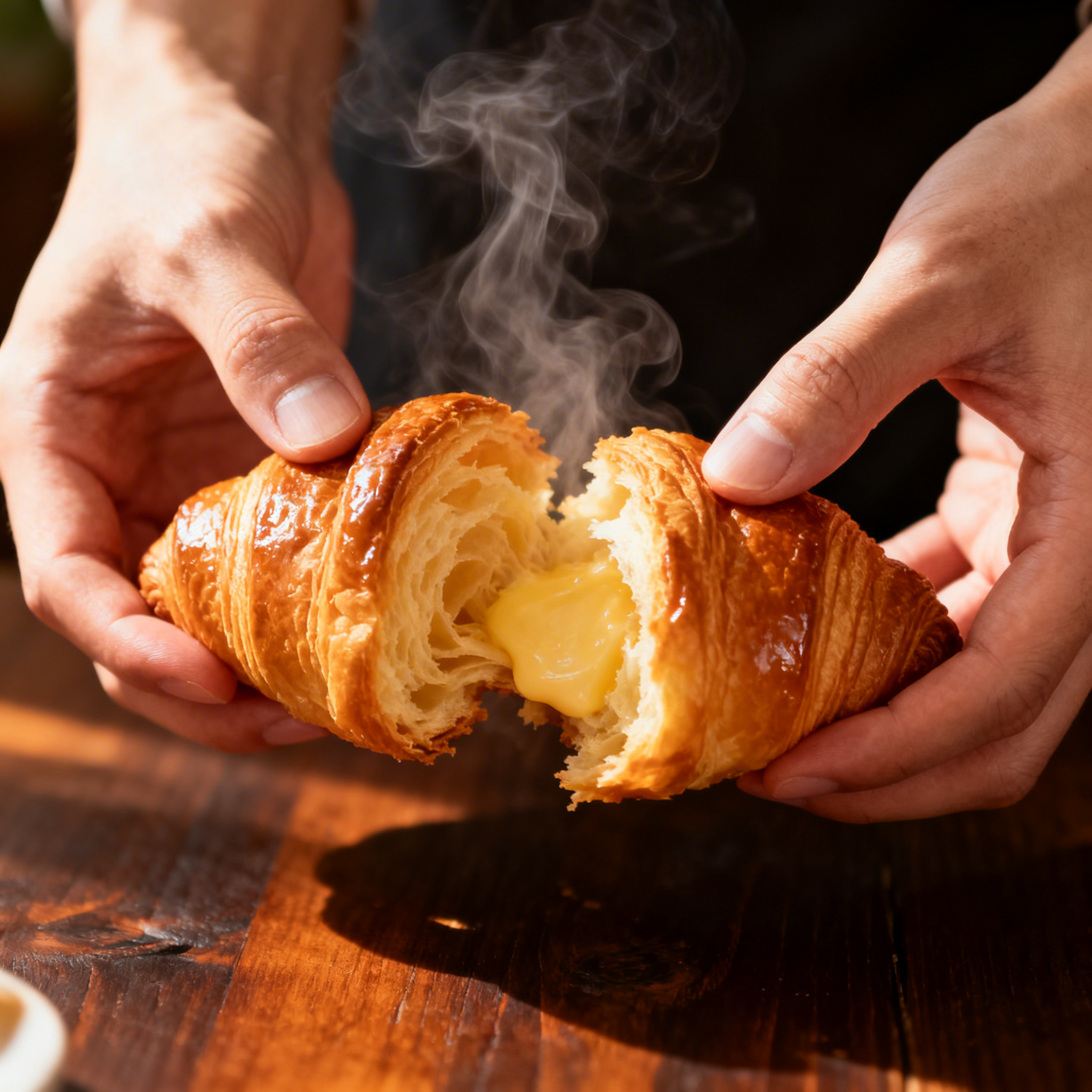 Dubai Chocolate Pistachio Croissant being pulled apart, golden flaky layers and steam