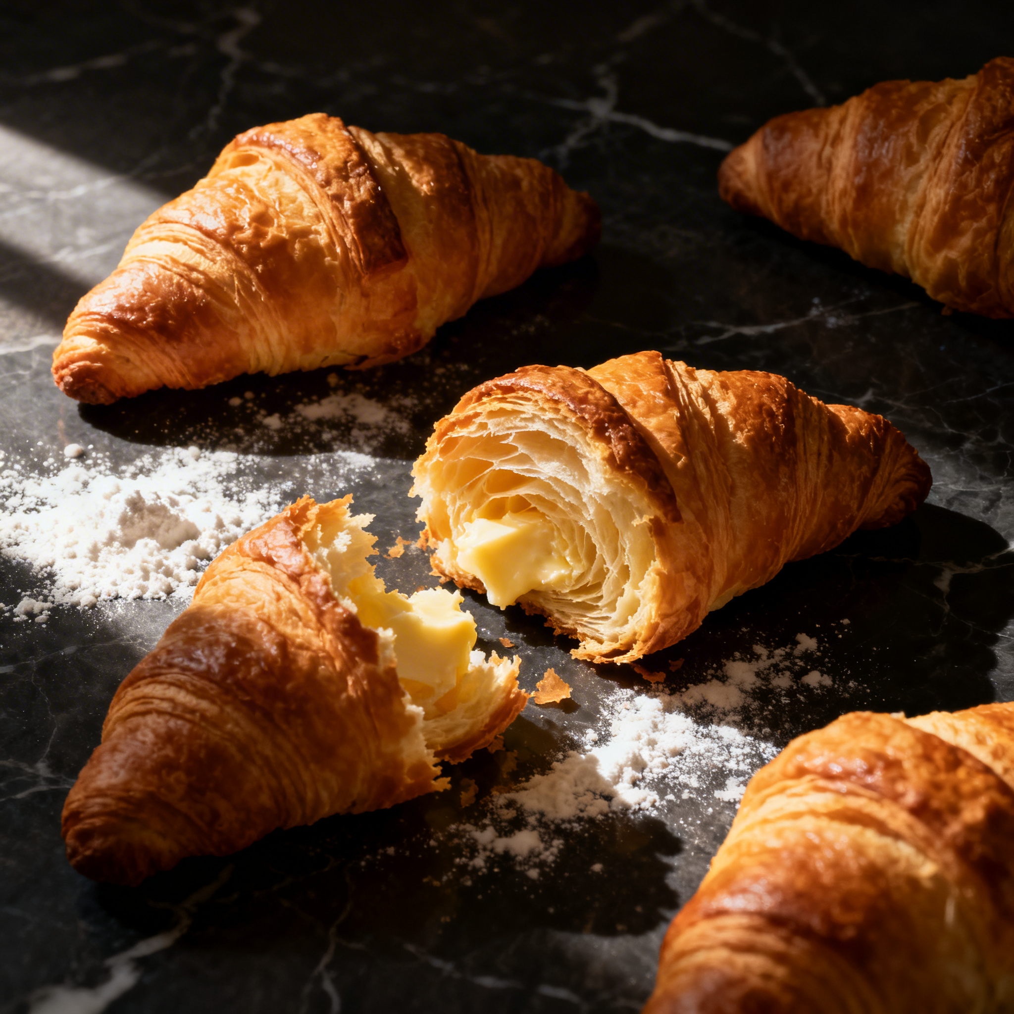Golden croissants on dark marble with scattered flour