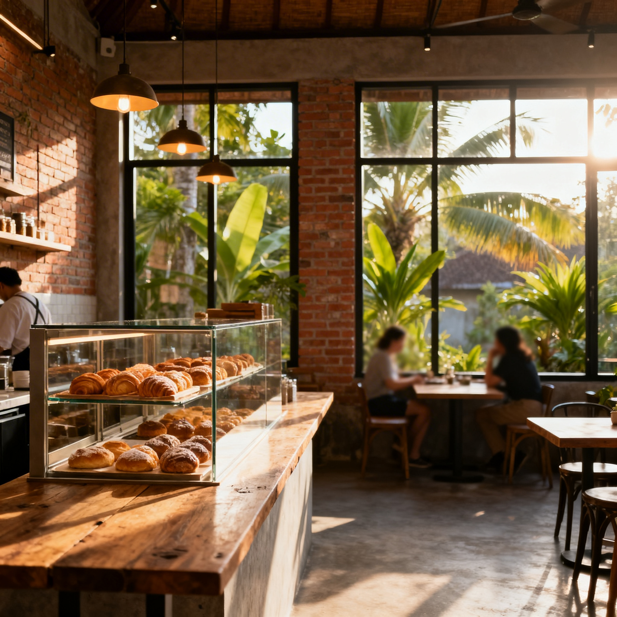 Modern French bakery interior with tropical Bali views