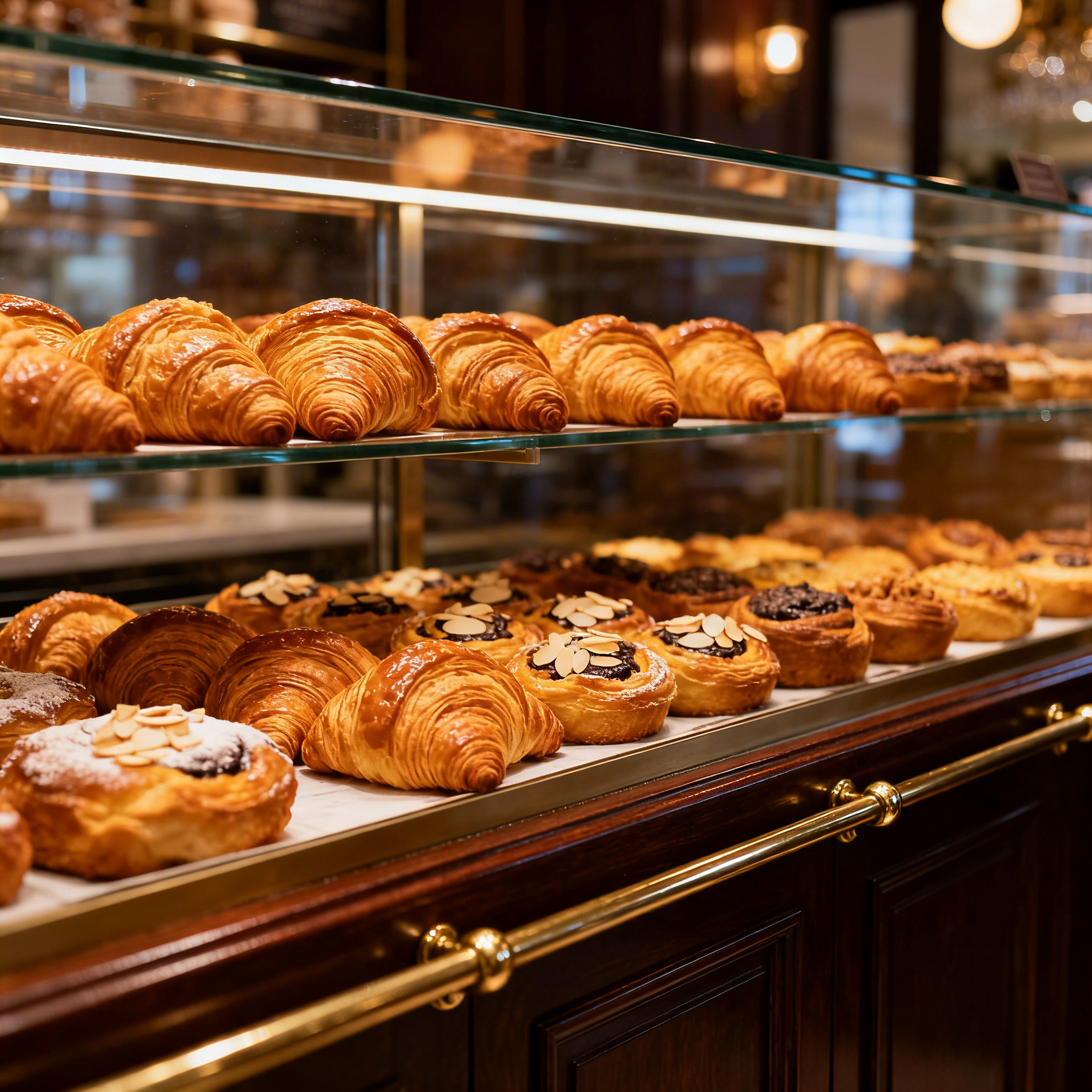 Glass bakery display case filled with rows of golden pastries